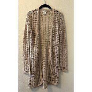 Vintage Y2K Women's Crochet Knit Duster Sweater Size Medium Beige Cottagecore